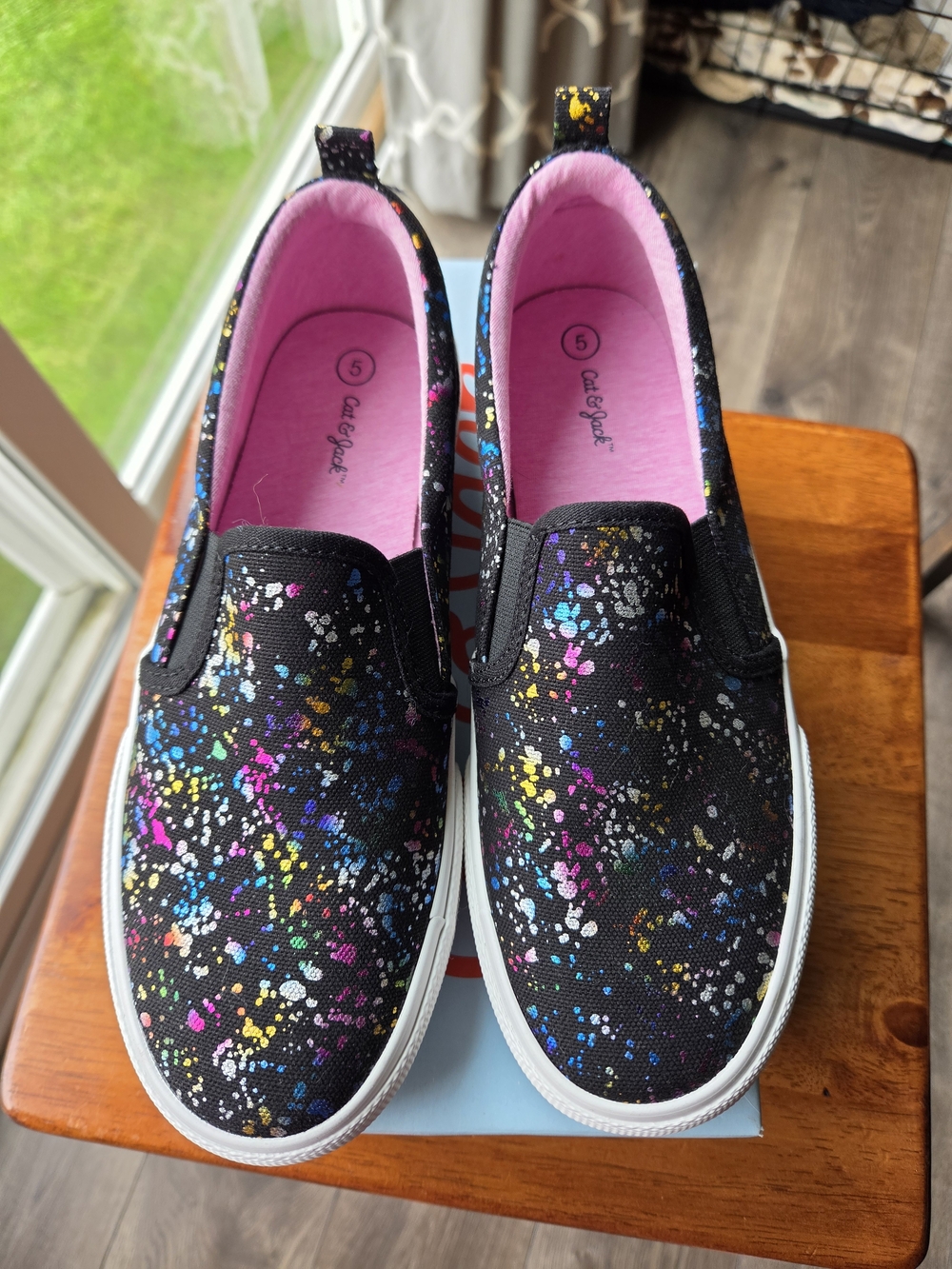 Cat & Jack Black Slip-On Sneakers with Multicolor Paint Splatter NEW
